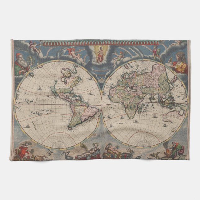 Antique World Map: Historical Cartography Art Tea Towel (Horizontal)
