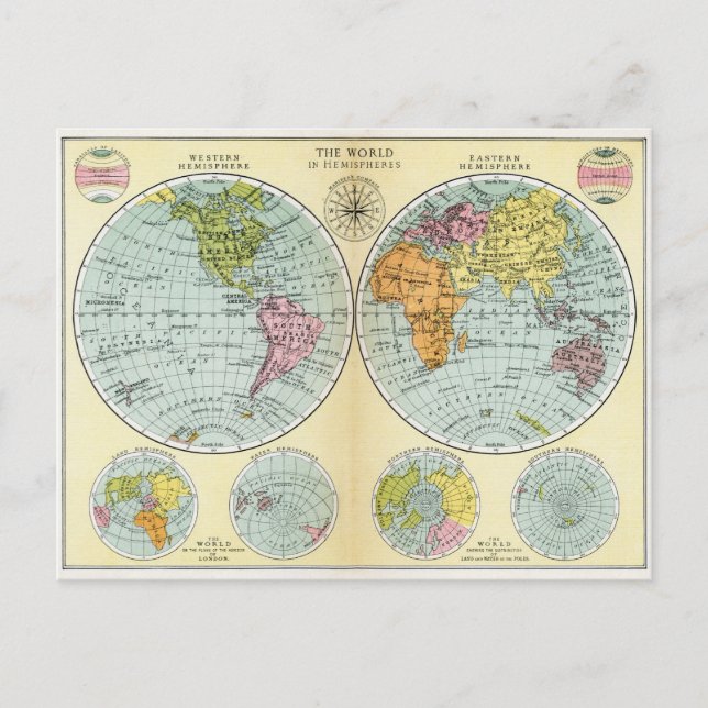 Antique World Map in Hemispheres Postcard (Front)