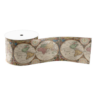 Antique World Map in two Hemispheres  Grosgrain Ribbon