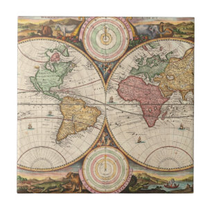 Antique World Map in two Hemispheres   Tile
