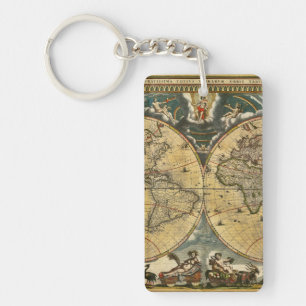Antique World Map J. Blaeu 1664 Key Ring