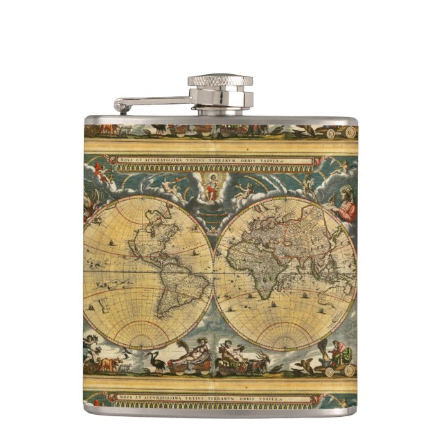 Antique World Map - Joan Blaeu - 1664 Hip Flask (Front)