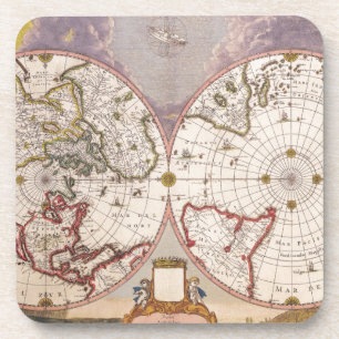 Antique World Map Lithograph Elegant Coaster
