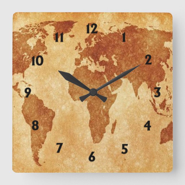 Antique World Map Square Wall Clock (Front)