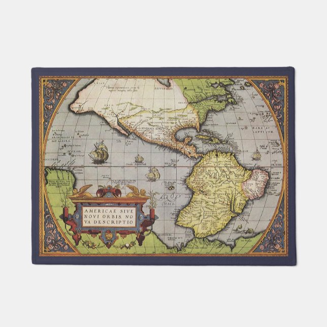 Antique World Map the Americas by Abraham Ortelius Doormat (Front)
