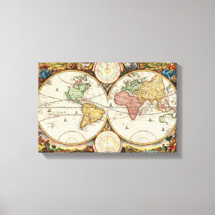 Antique World Map Two Hemispheres Rare Vintage Art Canvas Print