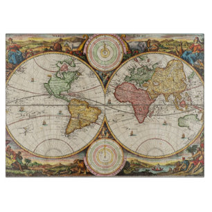 Antique World Map Two Hemispheres Rare Vintage Art Cutting Board