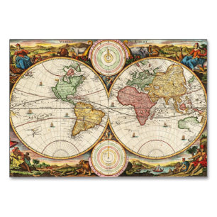 Antique World Map Two Hemispheres Rare Vintage Art Table Number