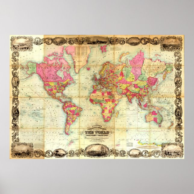 Antique World Map Vintage Cartography Poster (Front)