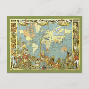 Antique World Map, Vintage Change of Address Announcement Postcard