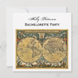 Antique World Map, White BG SQ Bachelorette Invitation