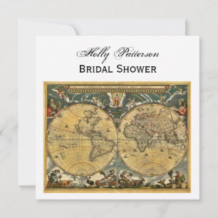 Antique World Map, White BG SQ Bridal Shower Invitation