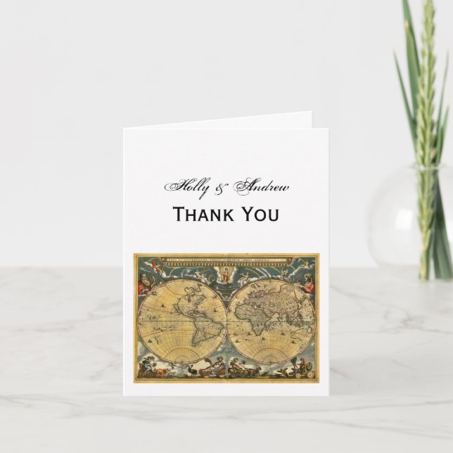 Antique World Map, White BG Thank You Card (Front)