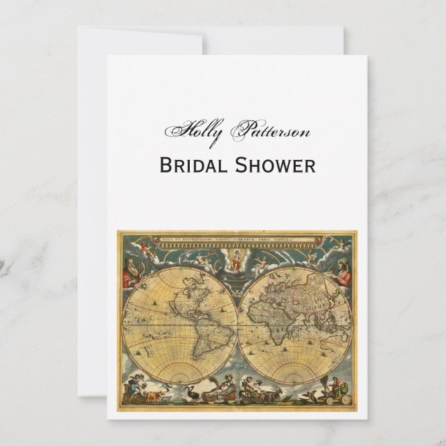 Antique World Map, White BG V Bridal Shower Invitation (Front)