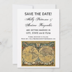 Antique World Map, White BG V Engagement Invitation