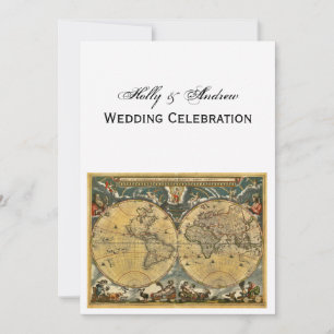 Antique World Map, White BG V Wedding Invitation