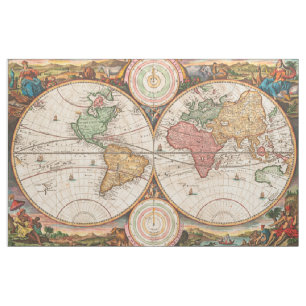 Antique World Map with Hemispheres Fabric