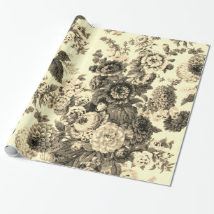 Antique Yellow Brown Vintage Floral Toile Wrapping Paper