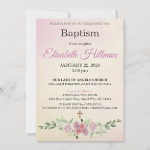 Antique Yellow & Dusty Rose Watercolor Baptism Invitation