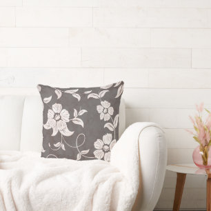 Antiqued  Brown Black Vintage White Flowers Cushion