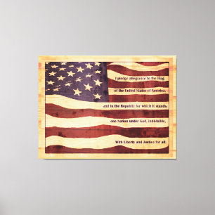 Antiqued flag with pledge of allegiance wood look canvas print