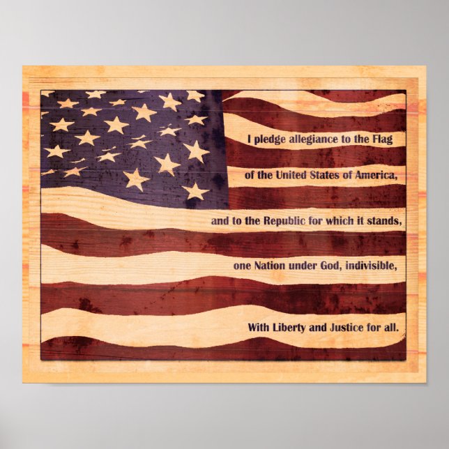 Antiqued flag with pledge of allegiance wood look poster (Front)