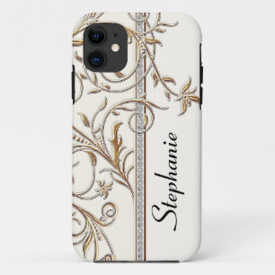 Antiqued Gold Golden Swirl Faux Jewel Personalised iPhone 11 Case