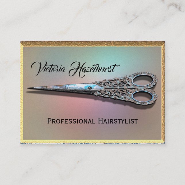 Antiqued Scissors  Chic Hair Stylist Professional Business Card (Front)