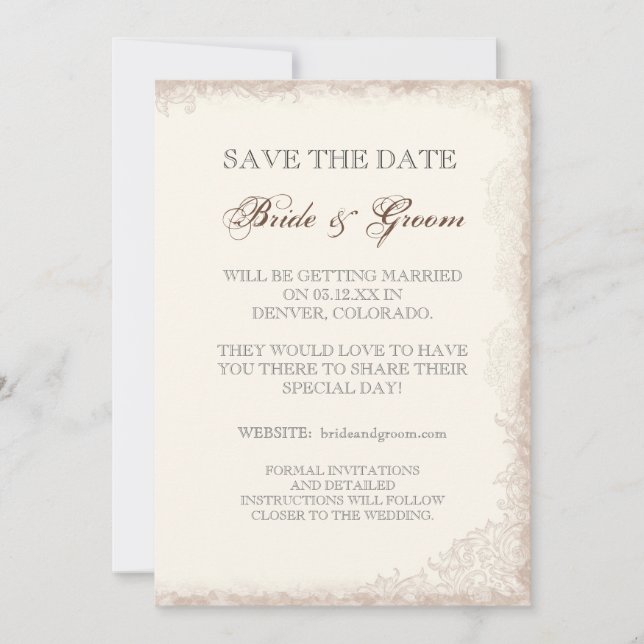 Antiqued Victorian Rose Save the Date Announcement (Front)