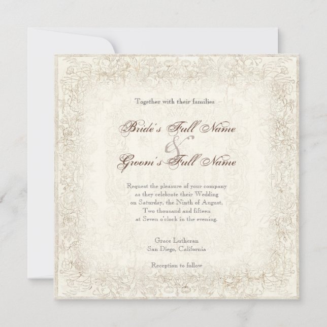 Antiqued Victorian Rose Wedding Invitation (Front)