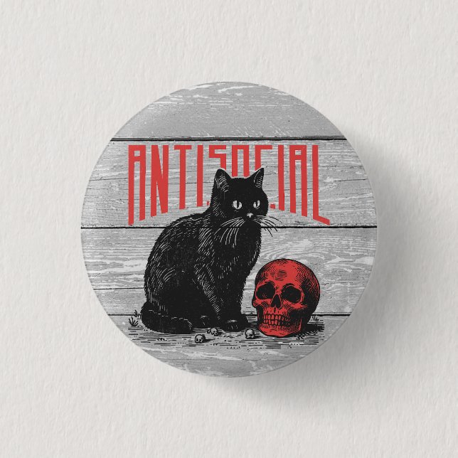 Antisocial Cat and Skull 3 Cm Round Badge (Front)