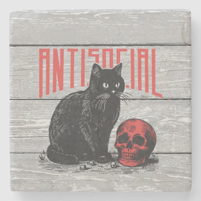 Antisocial Cat and Skull Stone Coaster (Front)