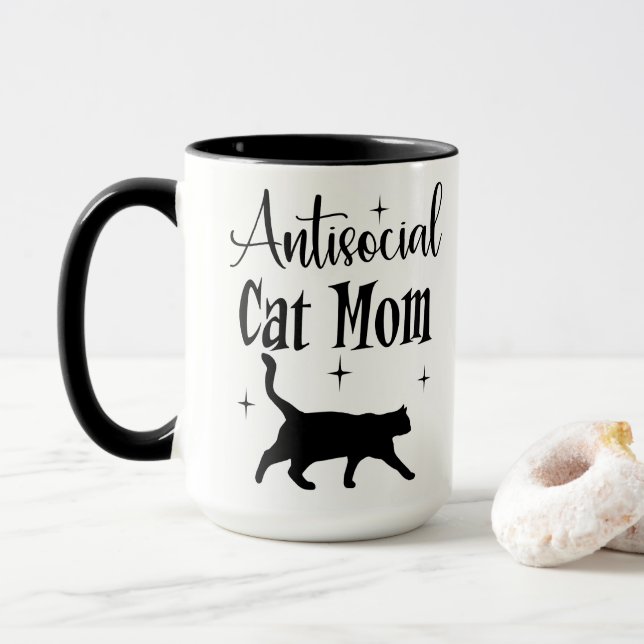 Antisocial Cat Mom Black Cat Stars Funny Sarcastic Mug (With Donut)