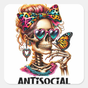 Antisocial Skeleton Lady Square Sticker