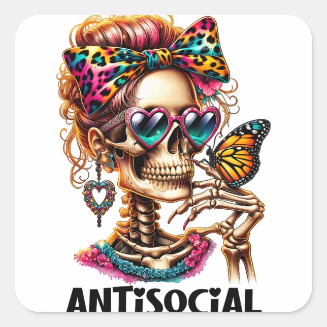 Antisocial Skeleton Lady Square Sticker (Front)