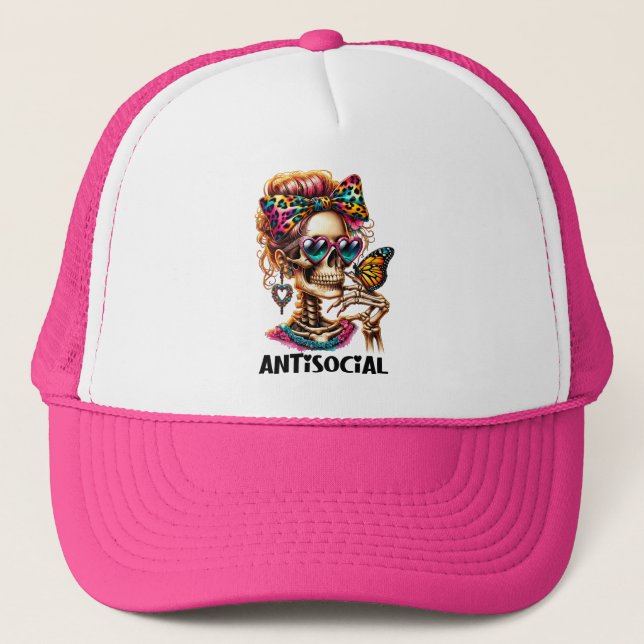 Antisocial Skeleton Lady Trucker Hat (Front)