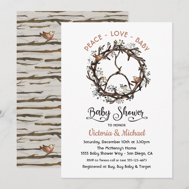 Antler and Twig Peace Sign Baby Shower Invitation (Front/Back)