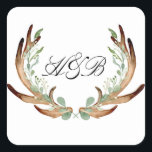 Antler and Vine Watercolor Initials Square Sticker<br><div class="desc">By Honey & Birch Studios</div>