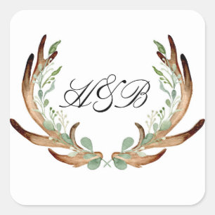Antler and Vine Watercolor Initials Square Sticker
