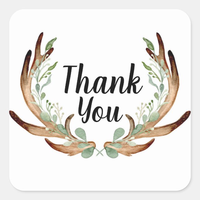 Antler and Vine Watercolor Thank you Square Sticker (Front)