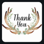 Antler and Vine Watercolor Thank you Square Sticker<br><div class="desc">By Honey & Birch Studios</div>