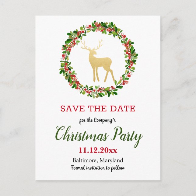 Antler Berry Wreath Christmas Party Save The Date Announcement Postcard (Front)