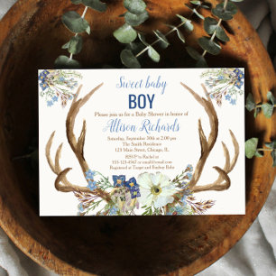 Antler boho rustic baby shower invitation boy