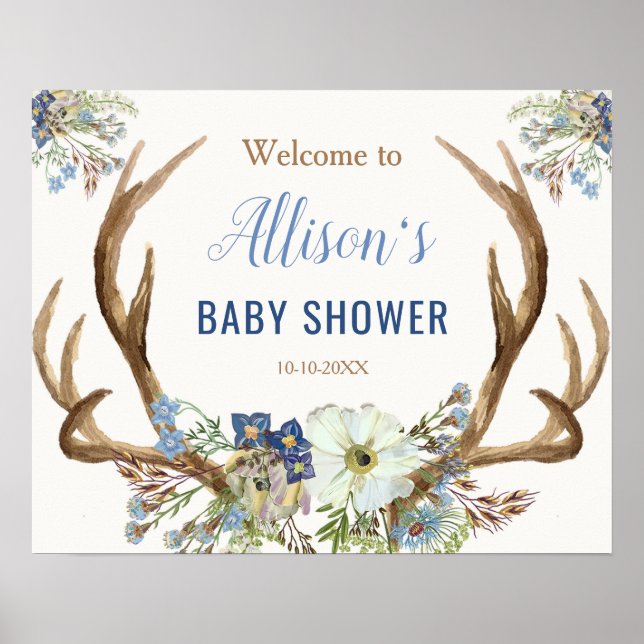 Antler boho rustic baby shower welcome sign (Front)