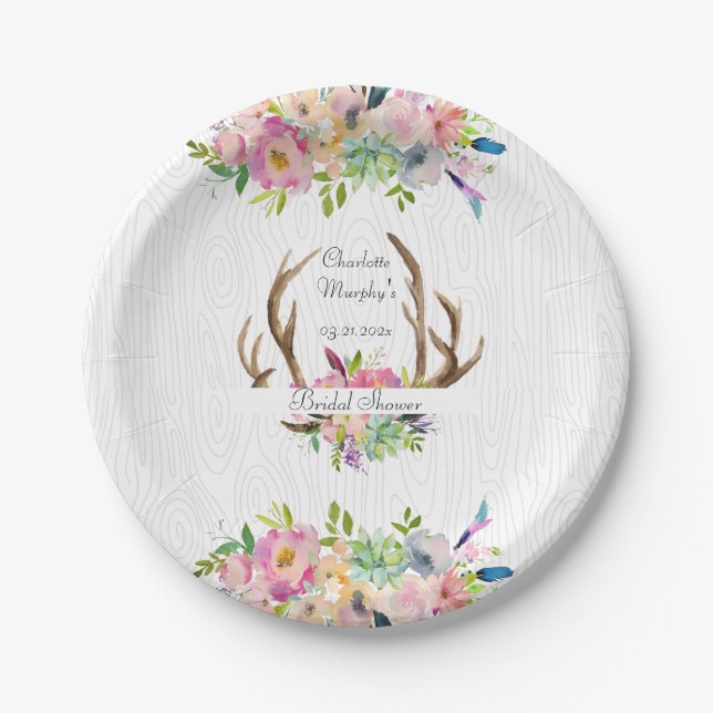 Antler Boho Watercolor Paper Plate (Front)