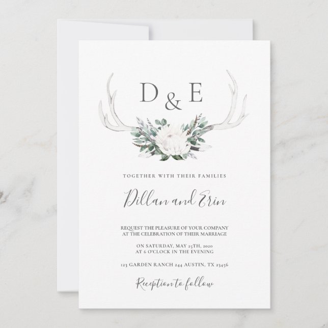 Antler boho wedding invitation (Front)