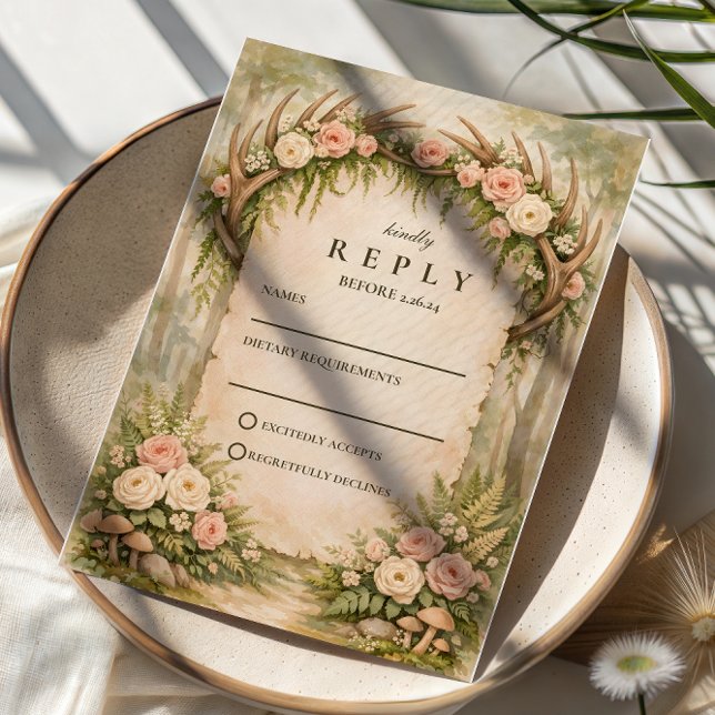 Antler Botanical Rustic Wedding RSVP Card (Creator Uploaded)