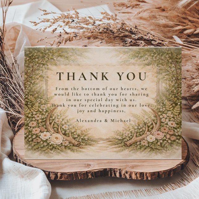 Antler Botanical Rustic Wedding Thank You Card (Creator Uploaded)
