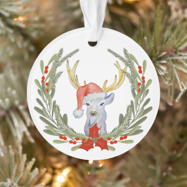 Antler Deer Santa Hat Wreath Kids Ornament (Tree)