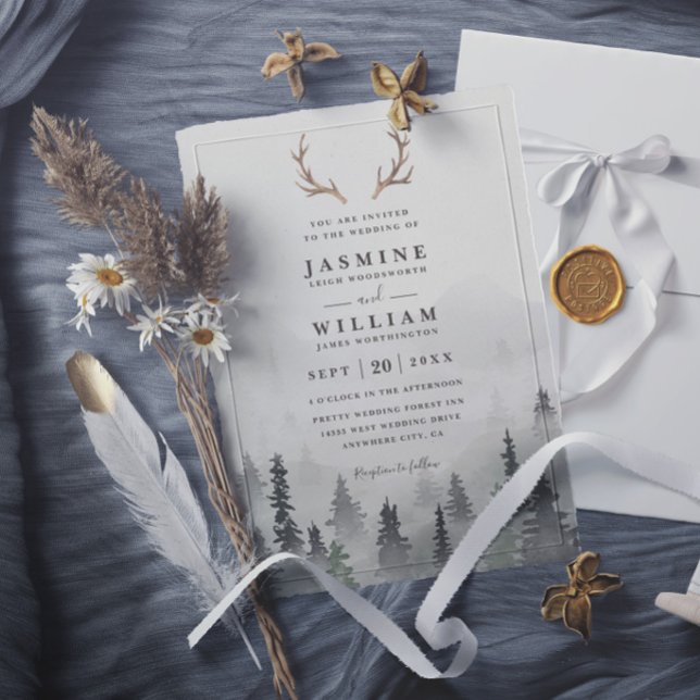 Antler Forest Mountain Tree Rustic Elegant Wedding Invitation (Creator Uploaded)